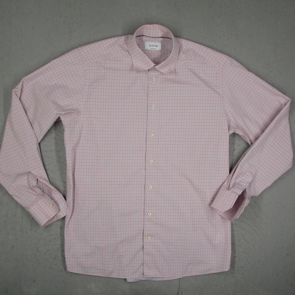 Eton Contemporary Fit Dress Shirt Mens 17 43 Blue Orange Check Club Collar L/S